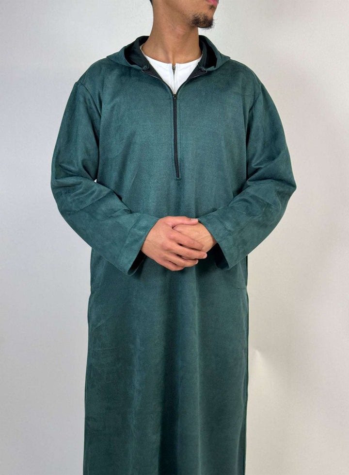 Hooded Suede Thobe - Turquoise