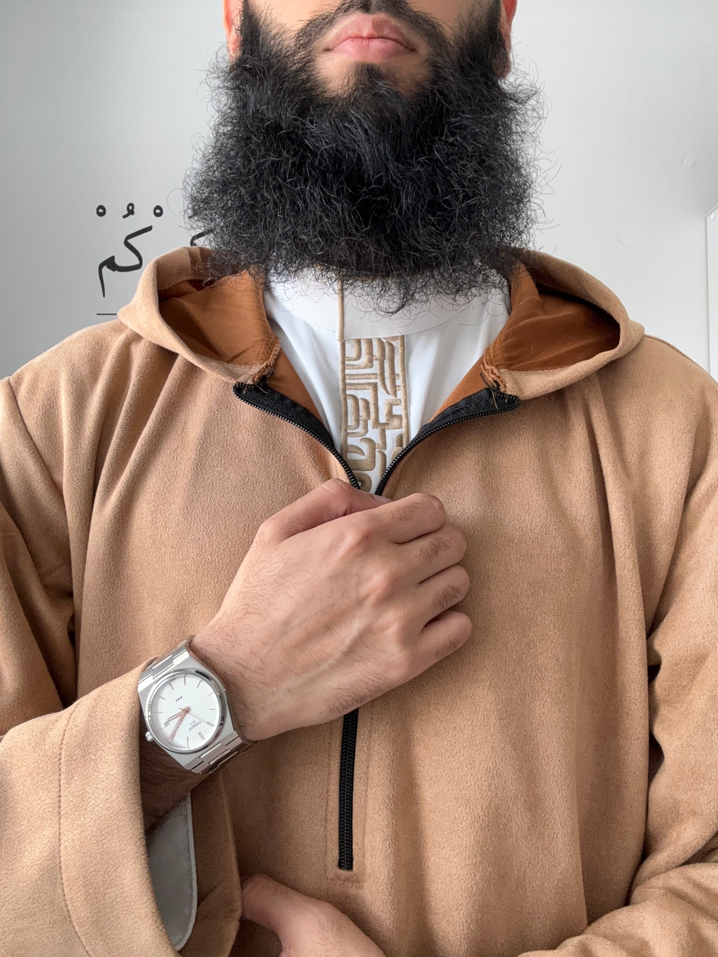 Hooded Suede Thobe - Beige