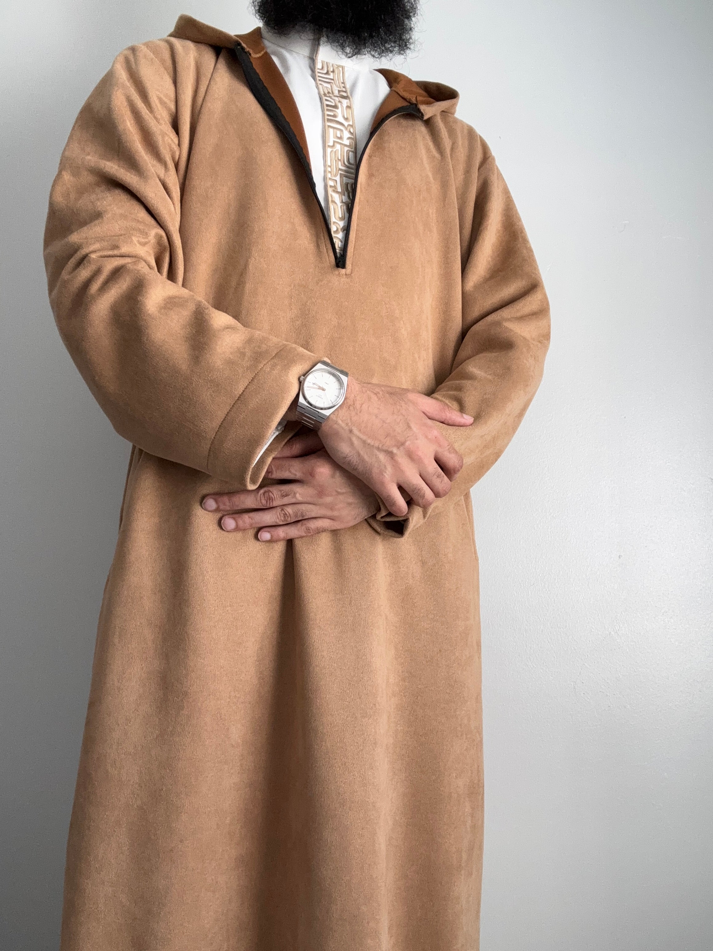 Hooded Suede Thobe - Beige